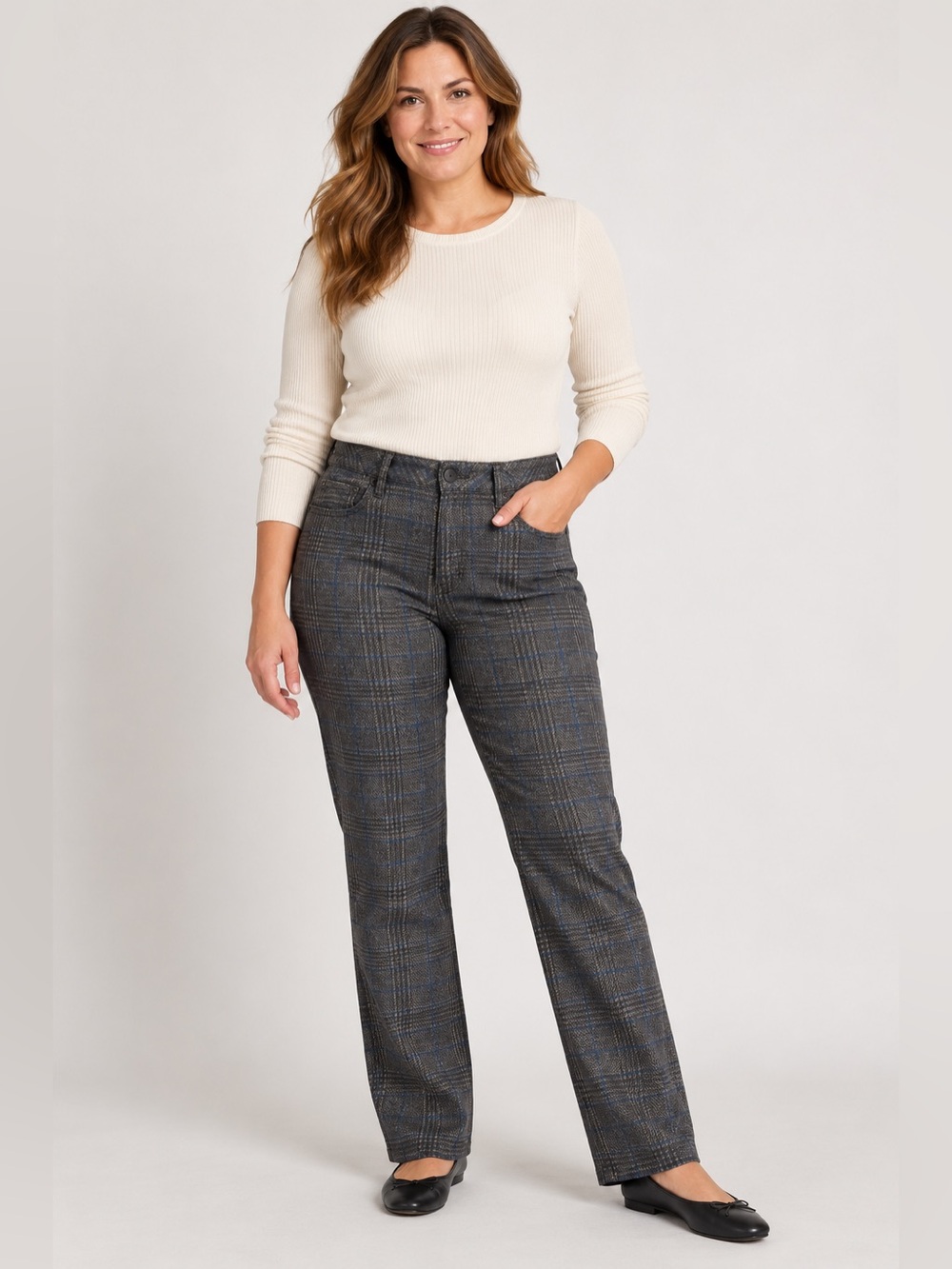 NYDJ Marilyn Straight Plaid Pants Size 12 Gray Blue Lift Tuck